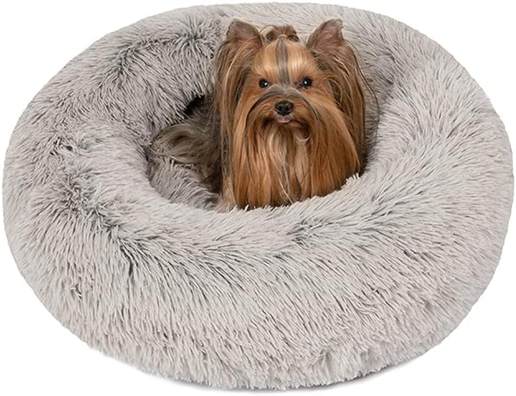 Faux Fur Calming Dog Bed for Small Dogs, Plush Anti-Anxiety Pet Sofa, Machine Washable with Non-Slip Bottom, 23" x 23" x 6", Grey