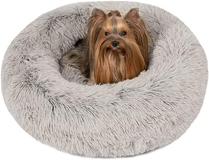 Faux Fur Calming Dog Bed for Small Dogs, Plush Anti-Anxiety Pet Sofa, Machine Washable with Non-Slip Bottom, 23" x 23" x 6", Grey