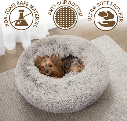 Faux Fur Calming Dog Bed for Small Dogs, Plush Anti-Anxiety Pet Sofa, Machine Washable with Non-Slip Bottom, 23" x 23" x 6", Grey