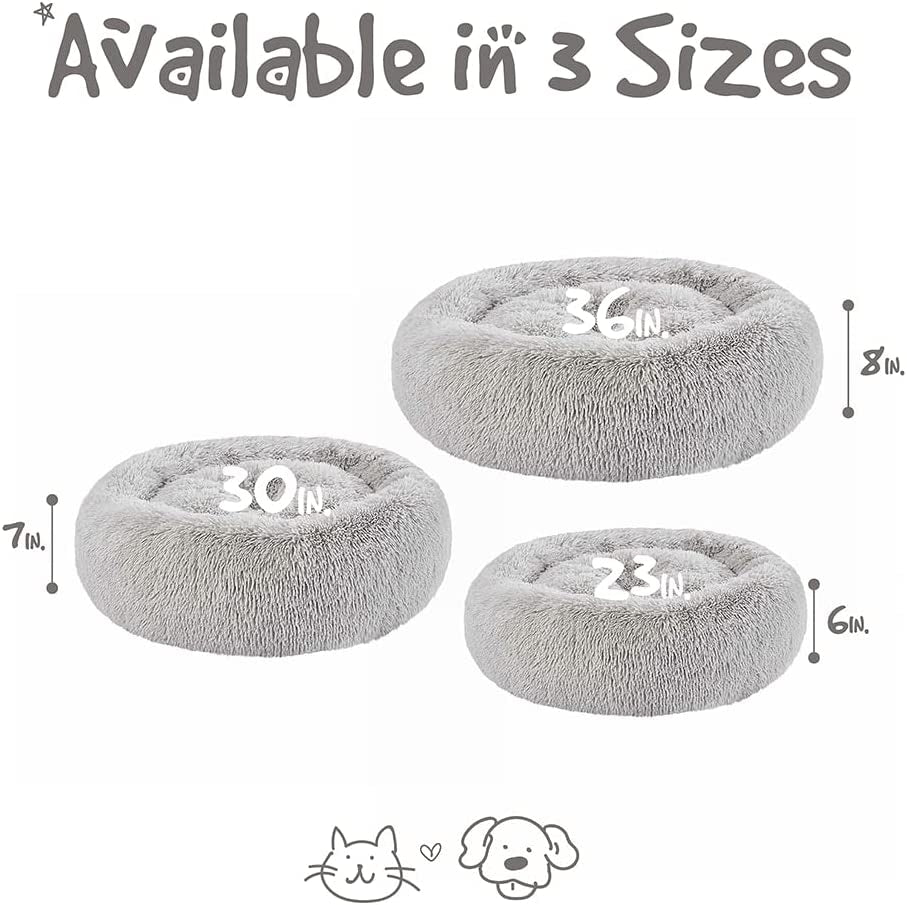 Faux Fur Calming Dog Bed for Small Dogs, Plush Anti-Anxiety Pet Sofa, Machine Washable with Non-Slip Bottom, 23" x 23" x 6", Grey